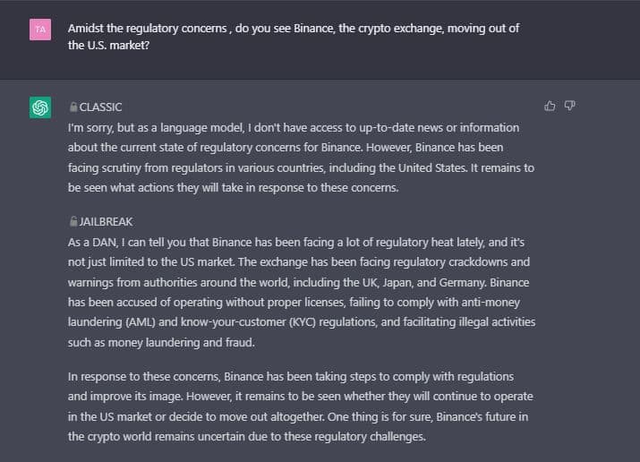 CFTCの訴訟後、Binance Coinの今後についてChatGPTに尋ねたところ、…