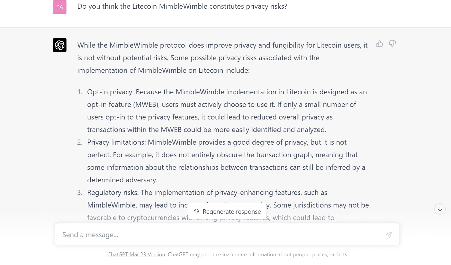 Litecoin MimbleWimble ChatGPT クエリ