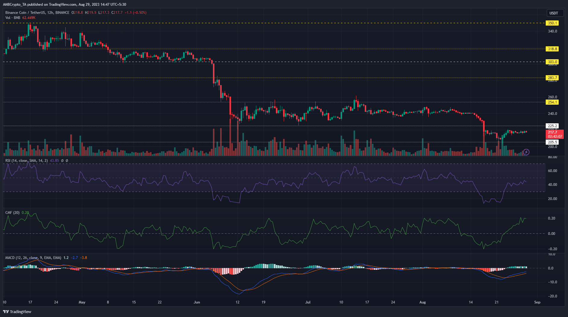 暗い背景にBinance Coin BNB価格チャート