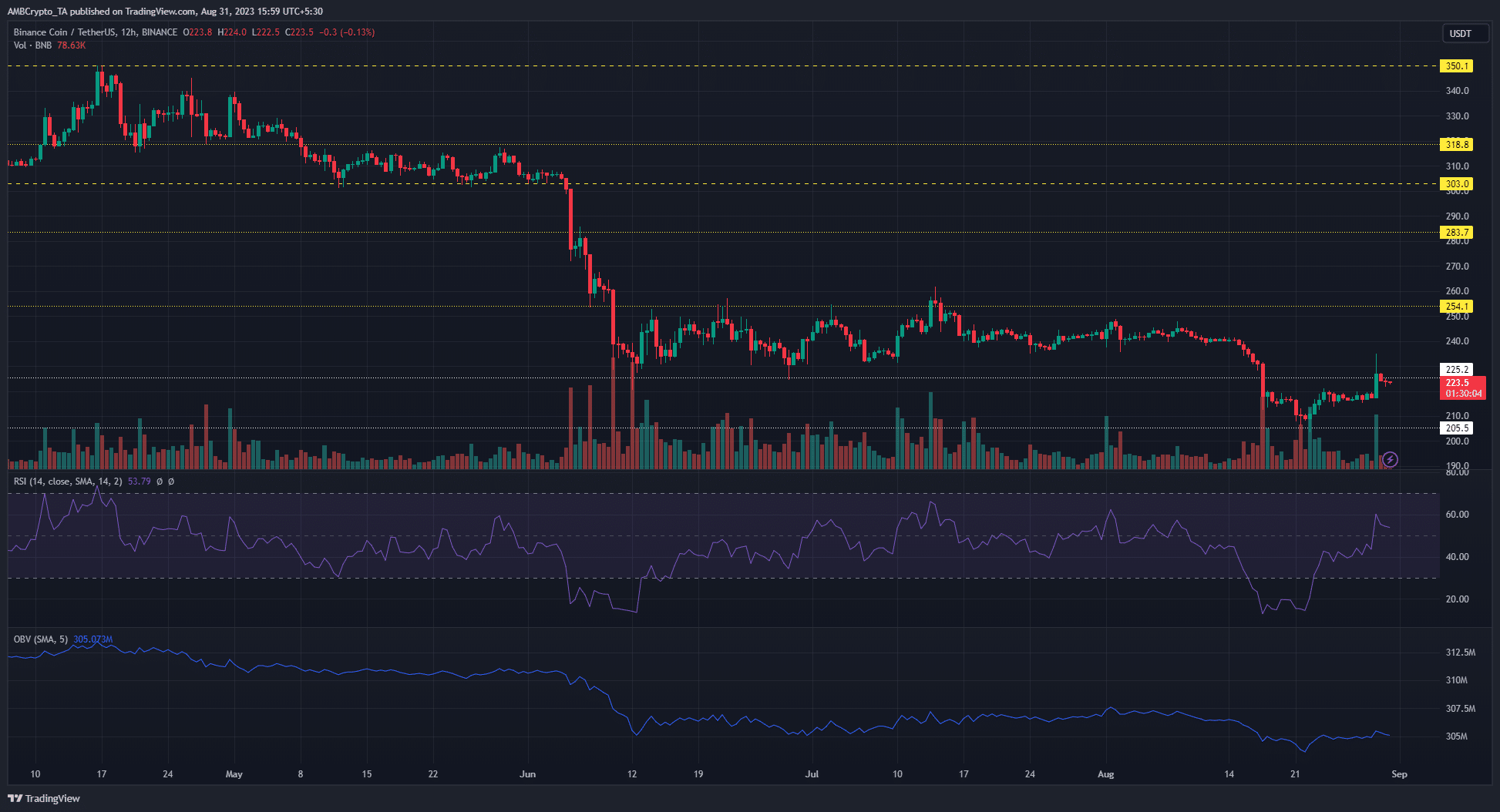 暗い背景にBinance Coin BNB価格チャート