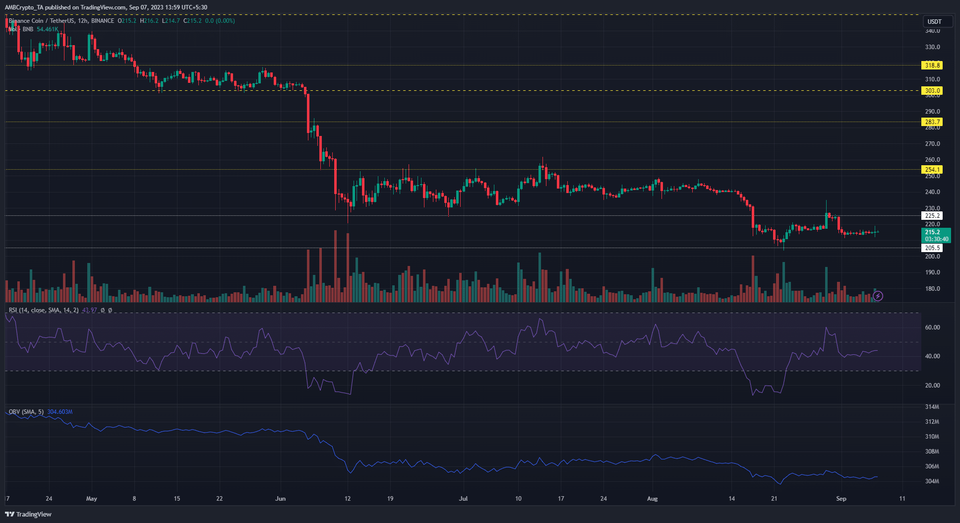 暗い背景にBinance Coin BNB価格チャート